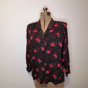 Vintage TanJay Black Button-Down Blouse with Red Rose Print